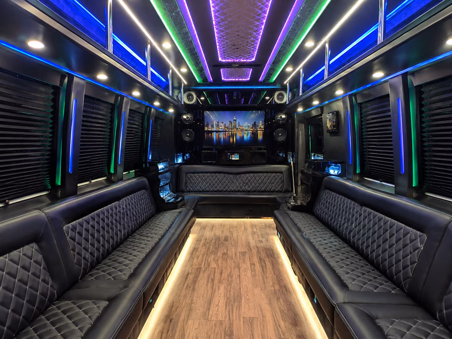 des moines 25 passenger party bus interior