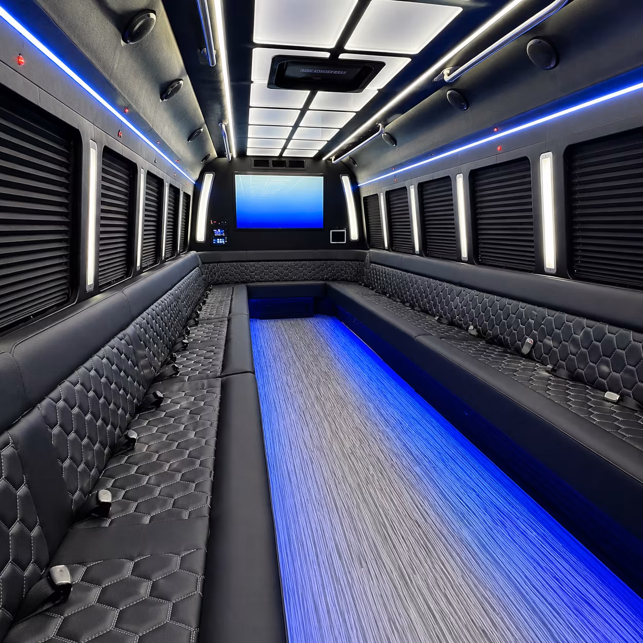 des moines 50 passenger party bus inside